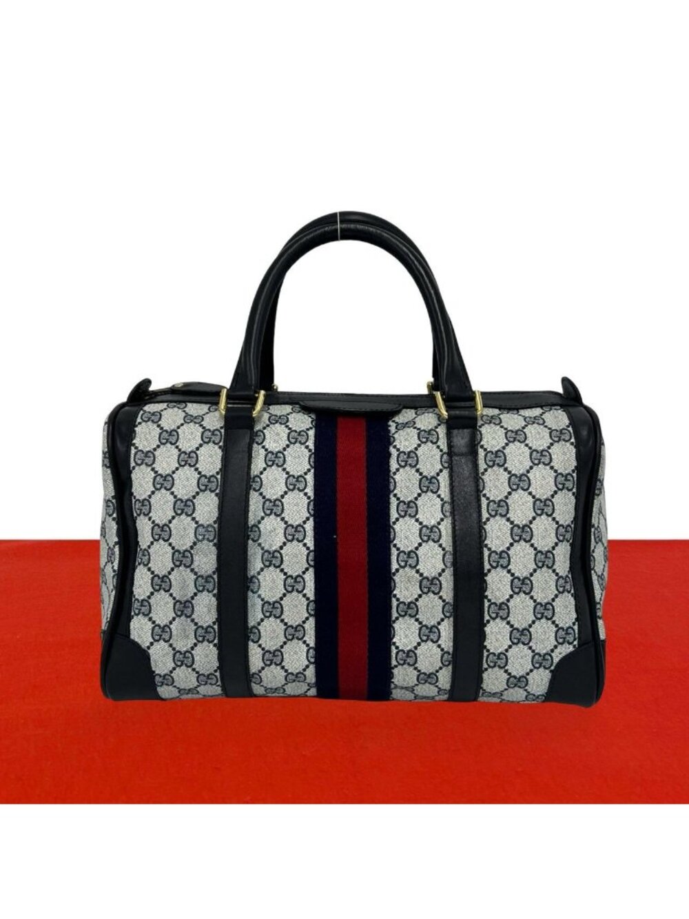 Gucci Vintage Sherry Line GG Pattern Leather Mini Boston Bag Navy